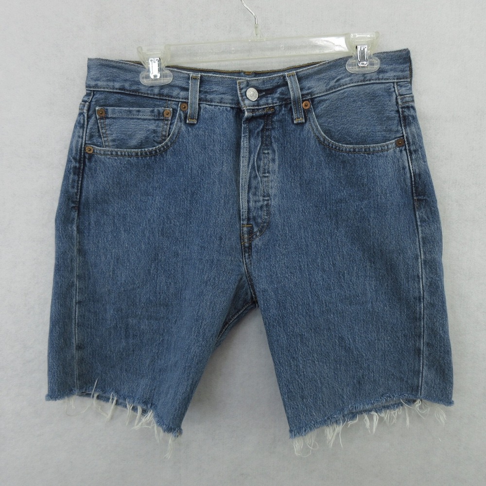 Levis 501 Shorts Mens 31 Blue Medium Wash Button Fly Cutoff Denim Frayed Hem